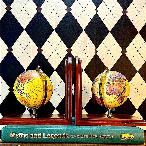 Elegant Vintage Globe Bookends | Brass & Wood | Timeless Library Accent - Picture 3 of 14